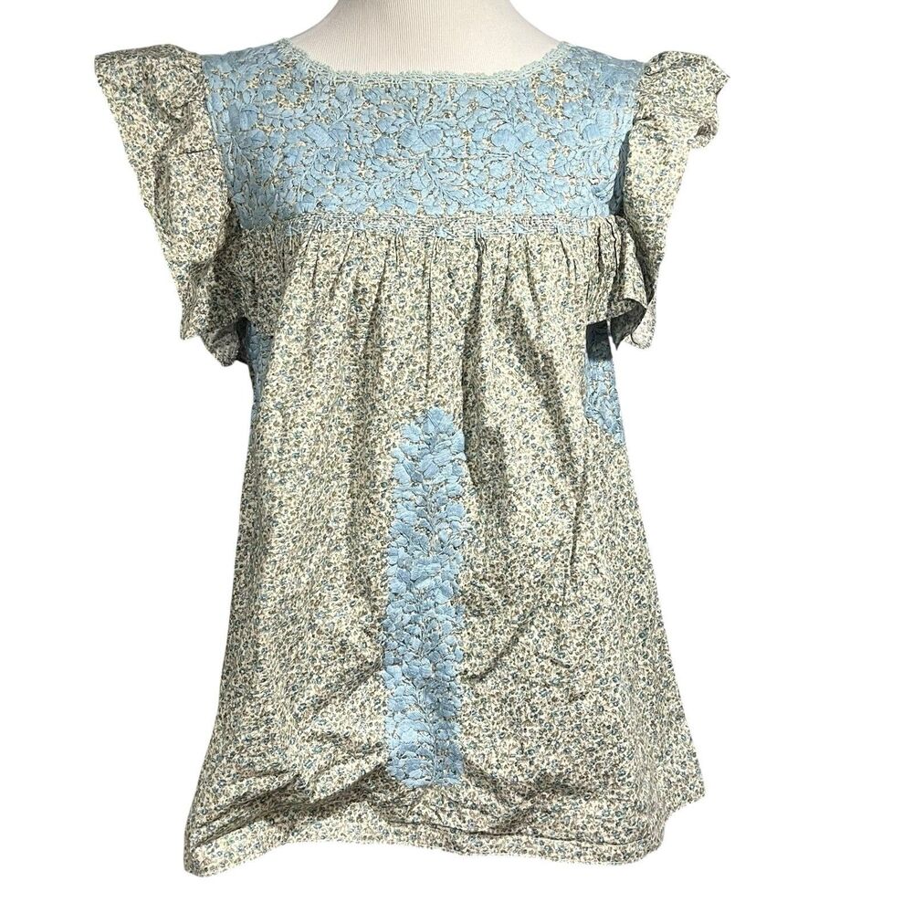 Mi Golondrina Soledad Blouse XS Blue Floral Hand Embroidered Ruffle Boho Peasant